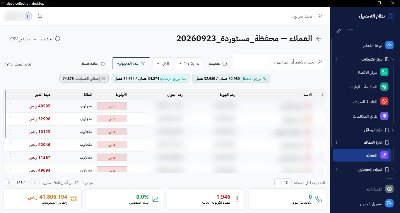 قائمة العملاء: بحث بالاسم أو رقم الهوية، وترتيب حسب الأولوية وقيمة الدين، مع مؤشرات اليوم ونسبة التحصيل.
